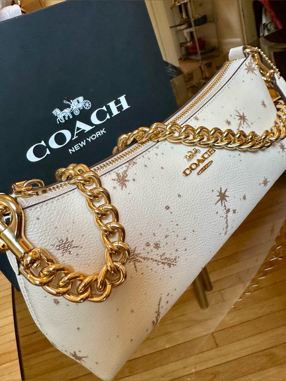 Coach Charlotte Shoulder Bag Star Print with Gold Chunky Chain Strap